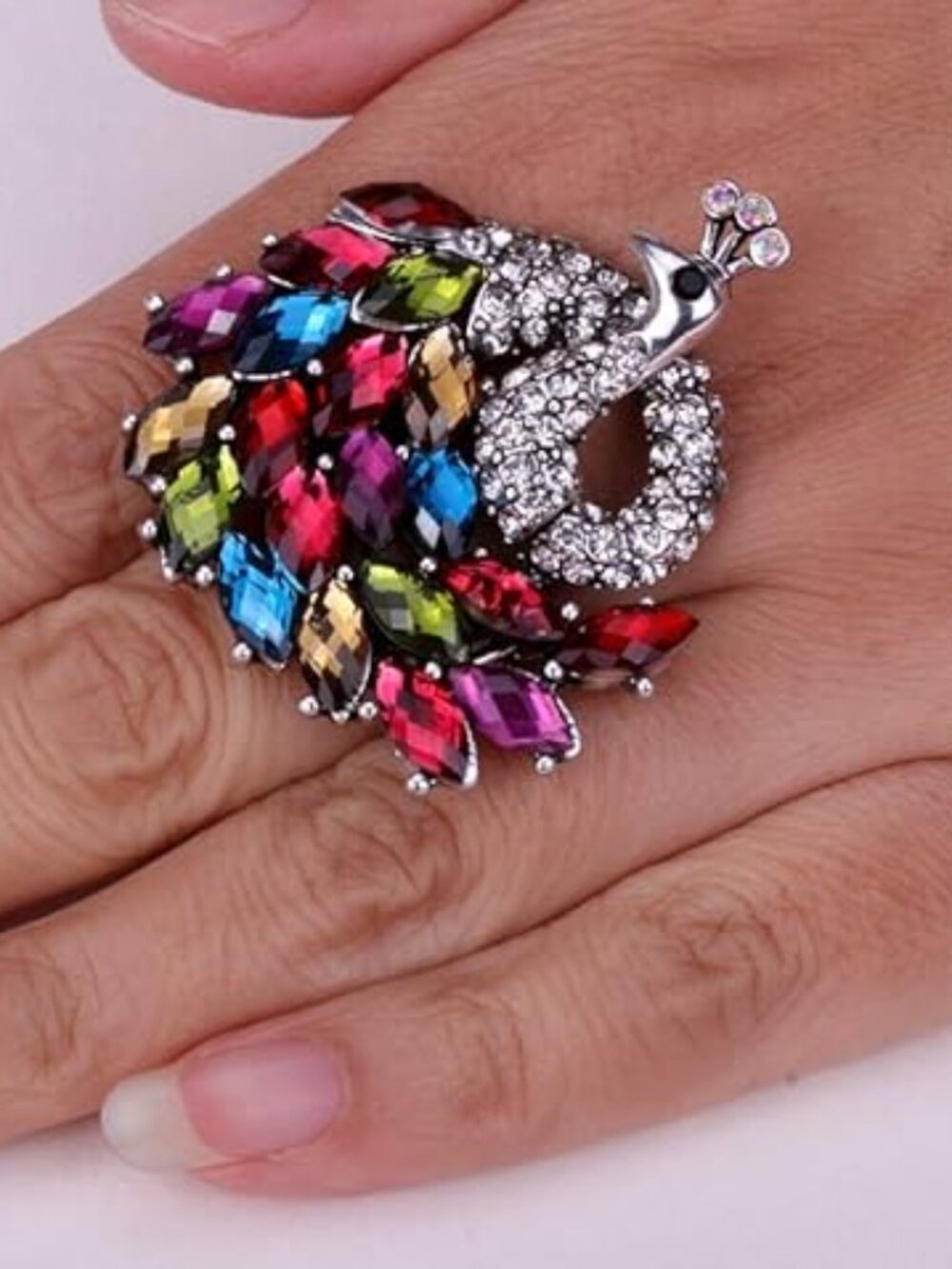 Antique Silver and Multicolor Crystal Peacock Stretch Statement Ring - Picture 5 of 5